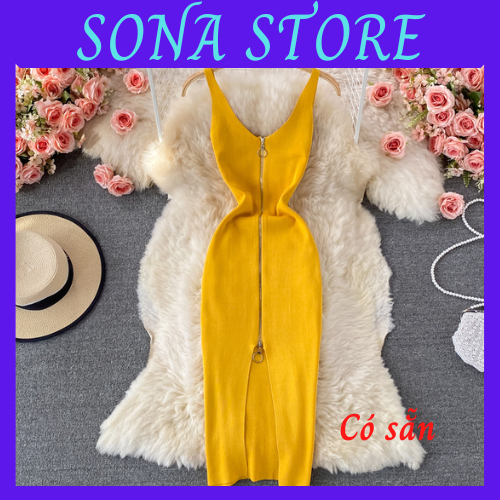 Váy 2 dây body len tăm dệt kim kéo khoá cổ v đầm ôm nữ sexy gợi cảm sang chảnh tiểu thư bánh bèo hàng quảng châu cao cấp