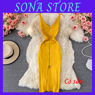 Váy 2 dây body len tăm dệt kim kéo khoá cổ v đầm ôm nữ sexy gợi cảm sang chảnh tiểu thư bánh bèo hàng quảng châu cao cấp