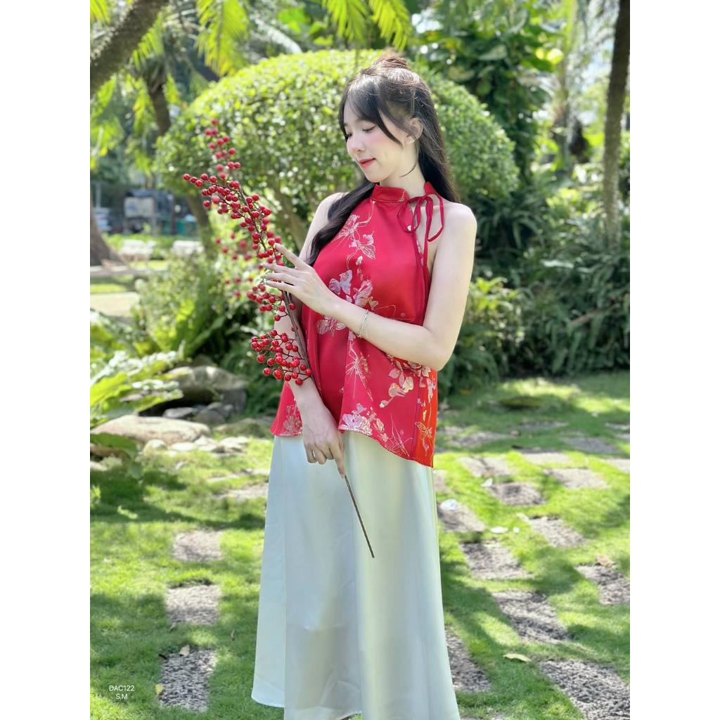 Áo gấm hoa cổ yếm dây nơ 2 lớp cao cấp phối tay bồng xòe tiểu thư CHIBEST DAC122