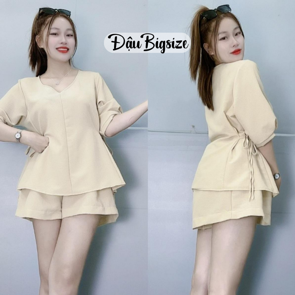 Set đồ thời trang Đậu Bigsize nữ gồm áo sơ mi tay bồng dáng baby doll có dây nơ kèm quần đùi dáng chữ A-SET59