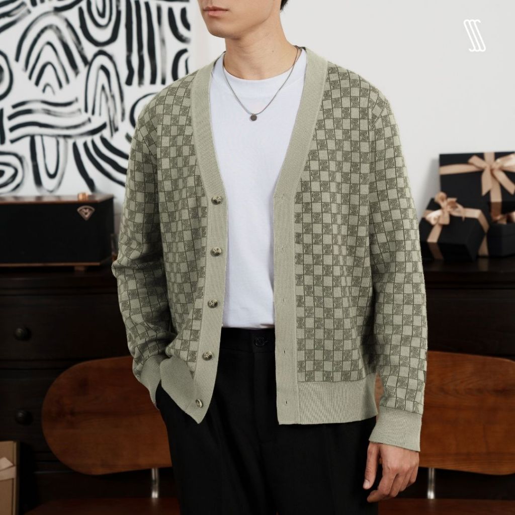 Áo khoác cardigan nam nữ SSSTUTTER cổ v dệt hoạ tiết len lông thỏ giữ ấm SSS CHECKERED CARDIGAN