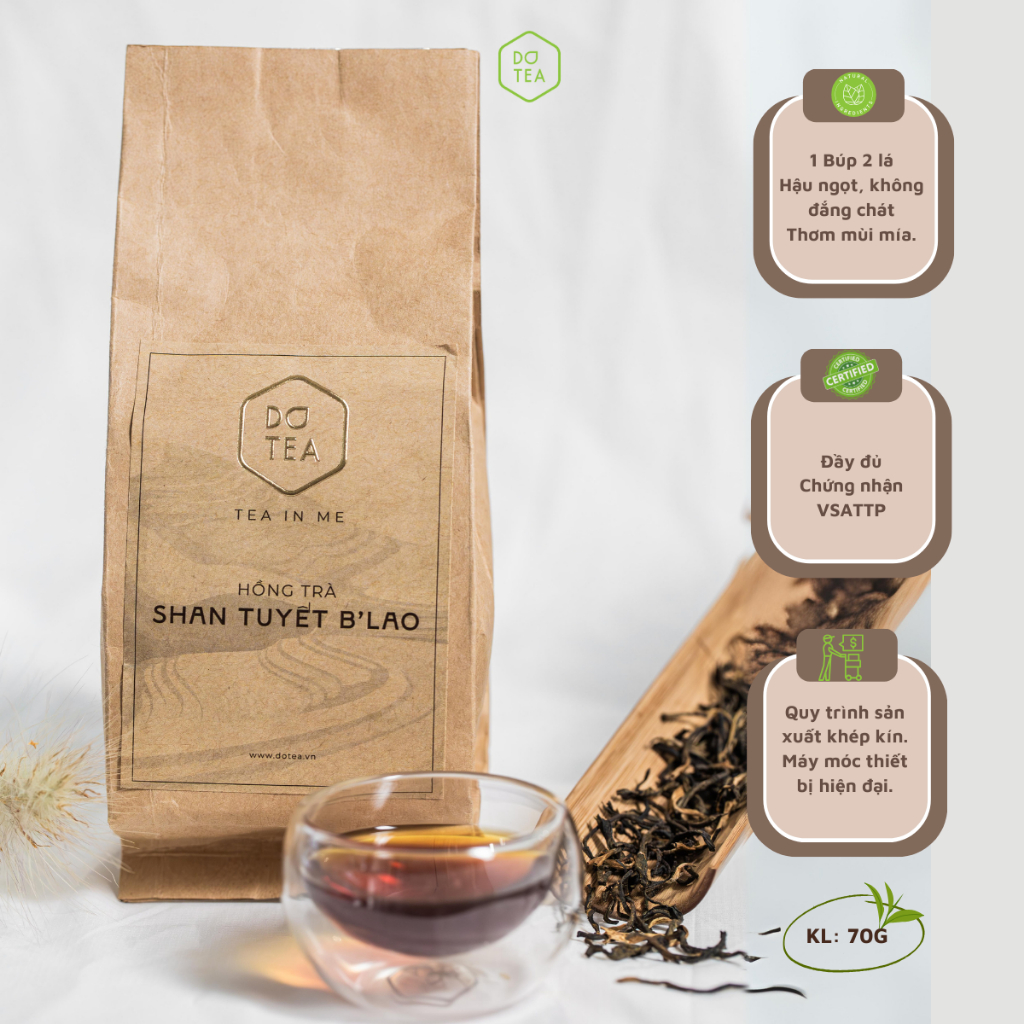 Hồng trà shan tuyết B'lao Dotea gói 70g hương trái chín, hậu ngọt, vị không quá đắng thơm mùi đường mía