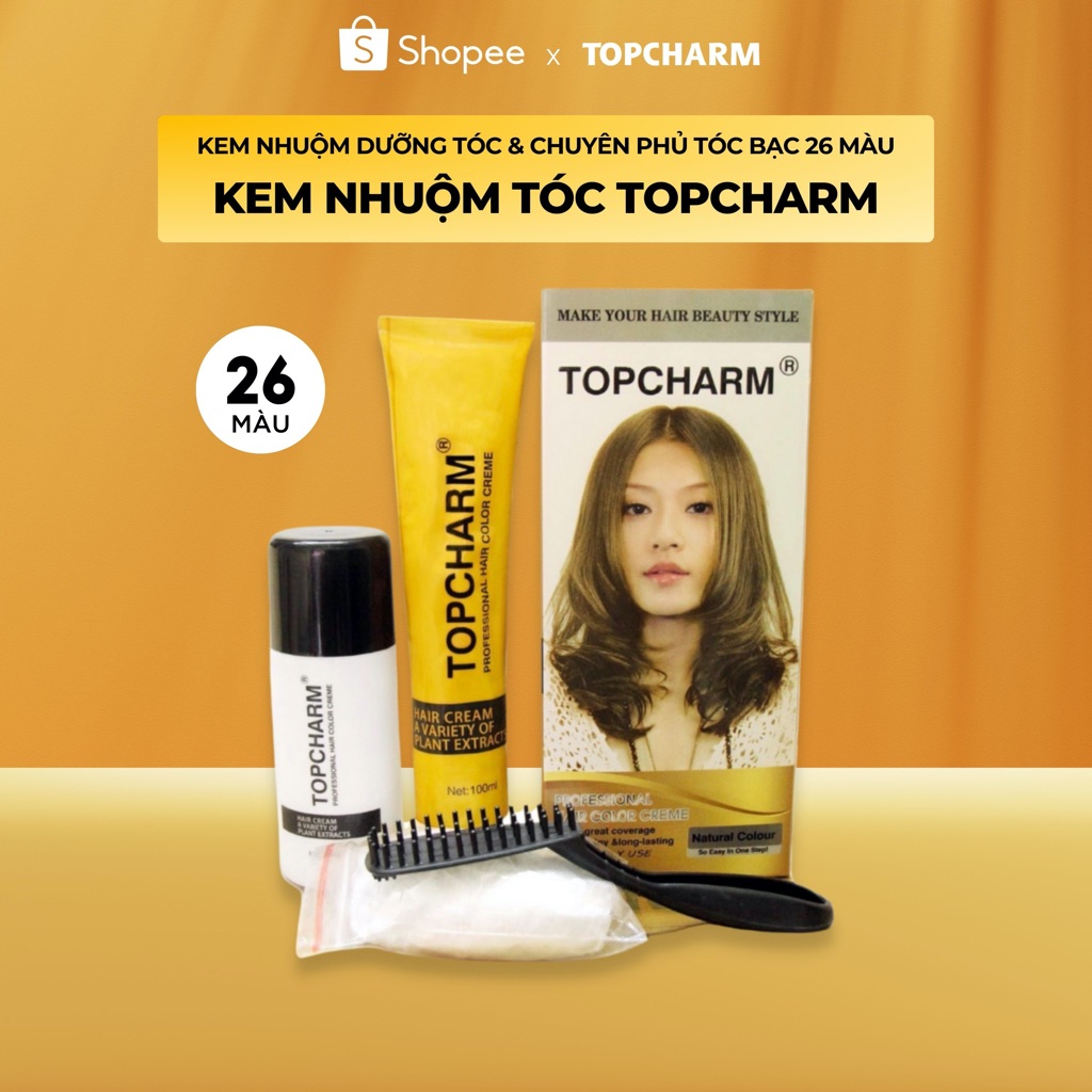 Thuốc nhuộm tóc TOPCHARM 26 màu - Tặng trợ nhuộm, bao tay, lược - Lên màu chuẩn và không khô xơ tóc