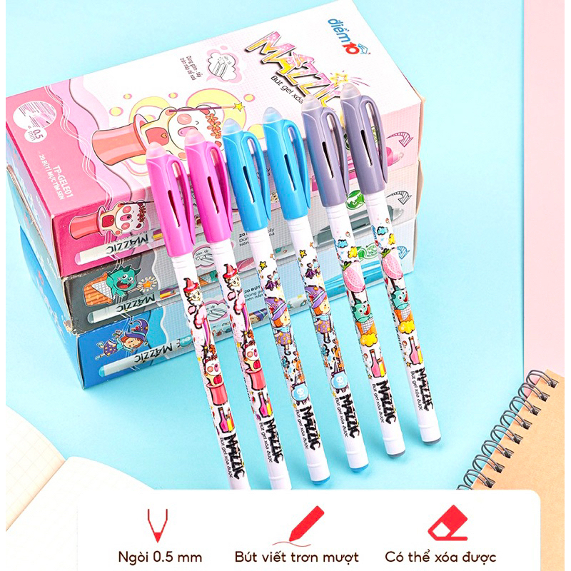 Hộp 20 bút gel điểm 10 xóa được Thiên Long TP-GELE01 ngòi 0.5m xanh/tím, bút mực gel xoá được viết trơn có gôm trên nắp