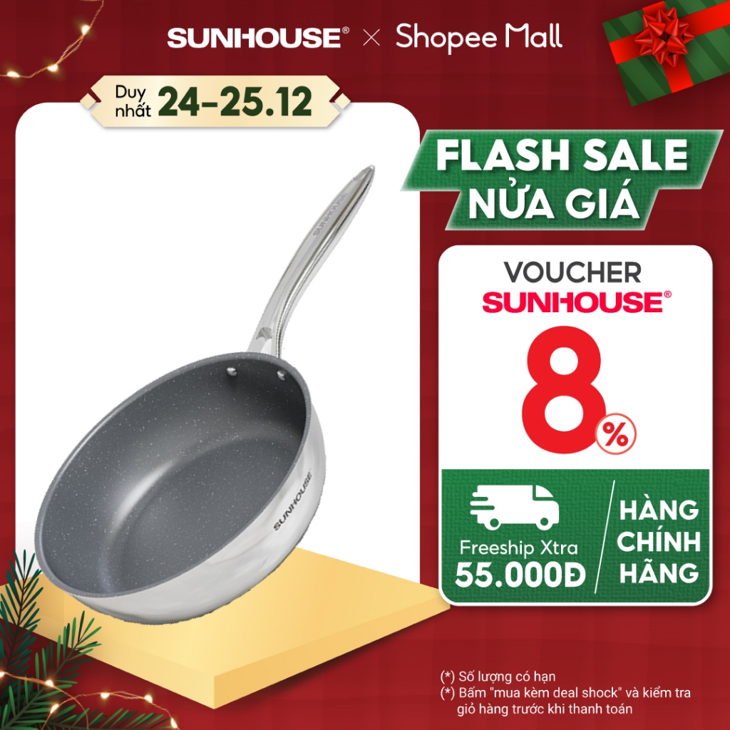Chảo Inox nguyên khối SUNHOUSE Desire DE20M/DE24M/DE26M/DE28M - Dùng được mọi loại bếp - Inox dày gấp 4 lần