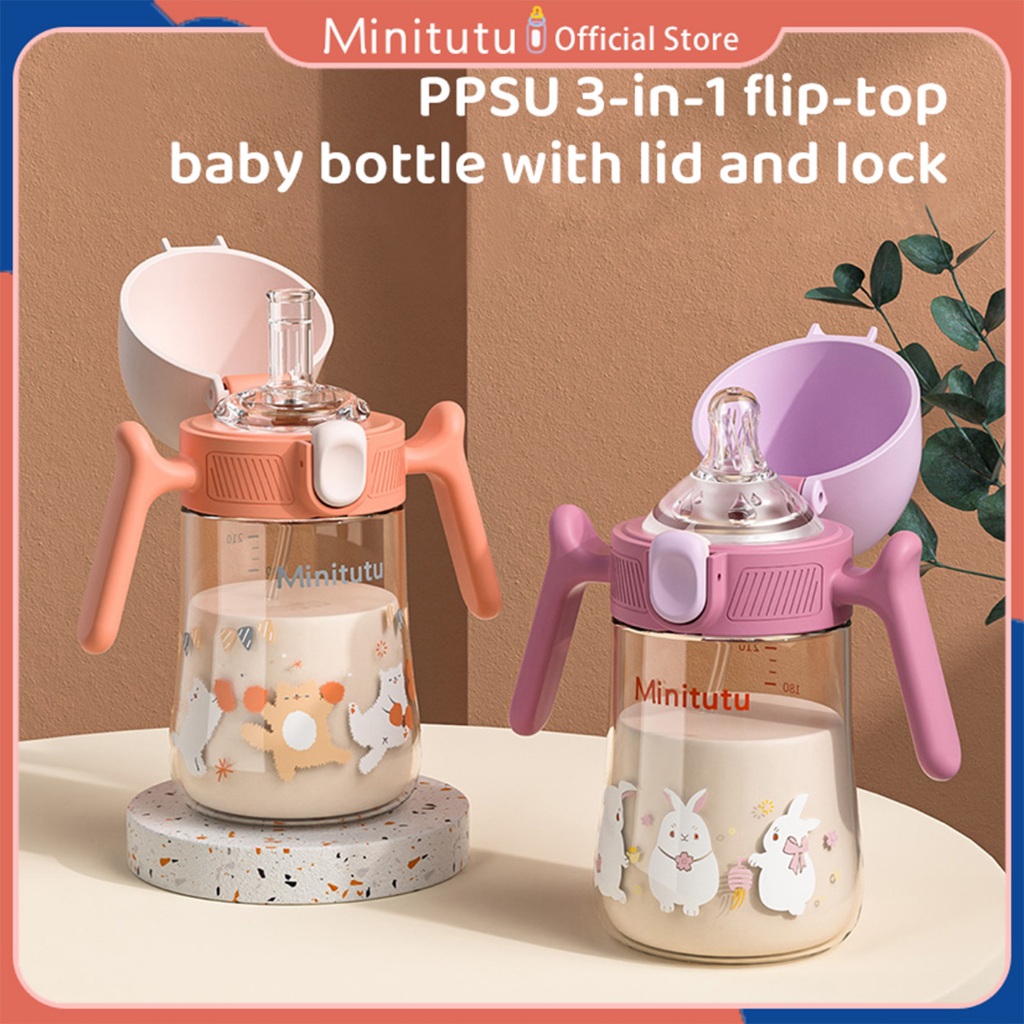 Bình sữa cổ rộng Minitutu PPSU 3IN1 có bóng trọng lực 360 có tay cầm BPA