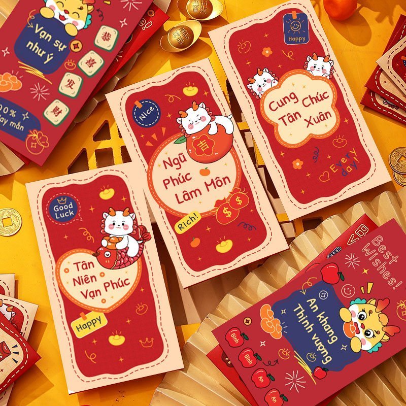 Combo 6 lì xì Rồng Vàng Giáp Thìn 2024, Dáng dài không phải gập tiên biểu cảm dễ thương may mắn tài lộc 2024 - Ráp