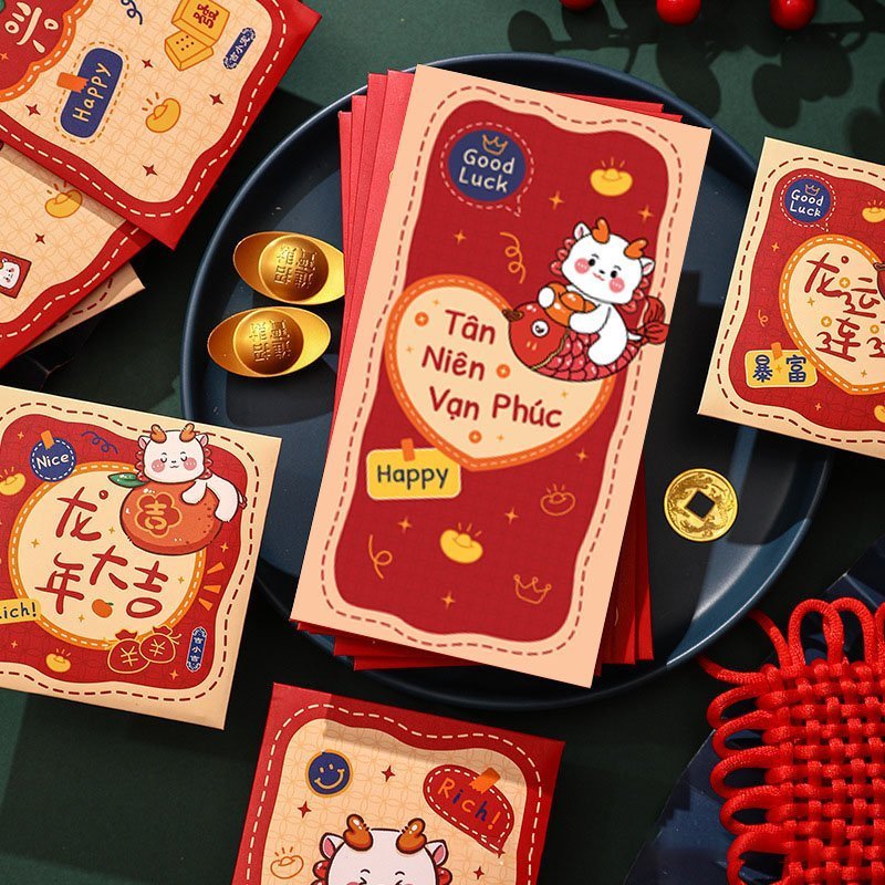 Combo 6 lì xì Rồng Vàng Giáp Thìn 2024, Dáng dài không phải gập tiên biểu cảm dễ thương may mắn tài lộc 2024 - Ráp