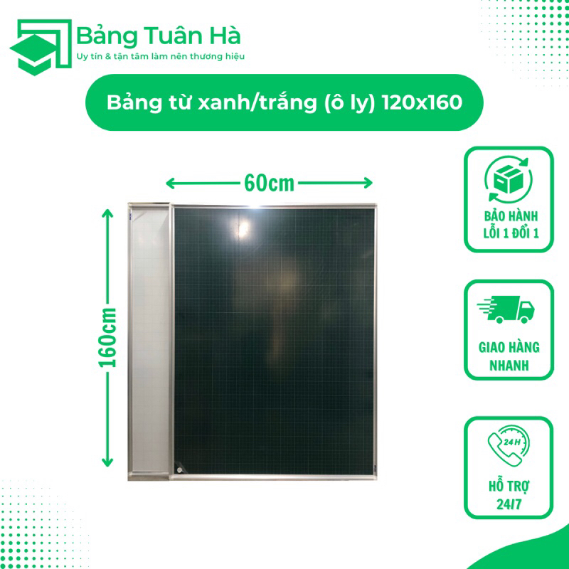 Bảng từ xanh/trắng (ô ly) 120x160 (tặng hộp phấn, 2 viên nam châm, lau bảng)