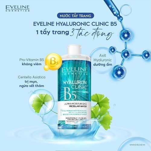 Nước tẩy trang dưỡng ẩm loại bỏ tình trạng khô da EVELINE HYALURONIC CLINIC B5 nhẹ dịu 500ml
