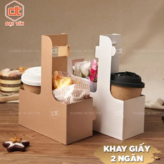 SET 50 Khay giấy 2 ngăn đựng Ly/Cốc trà sữa cà phê, Hoa làm quà tặng Take Away siêu tiện lợi, đa năng