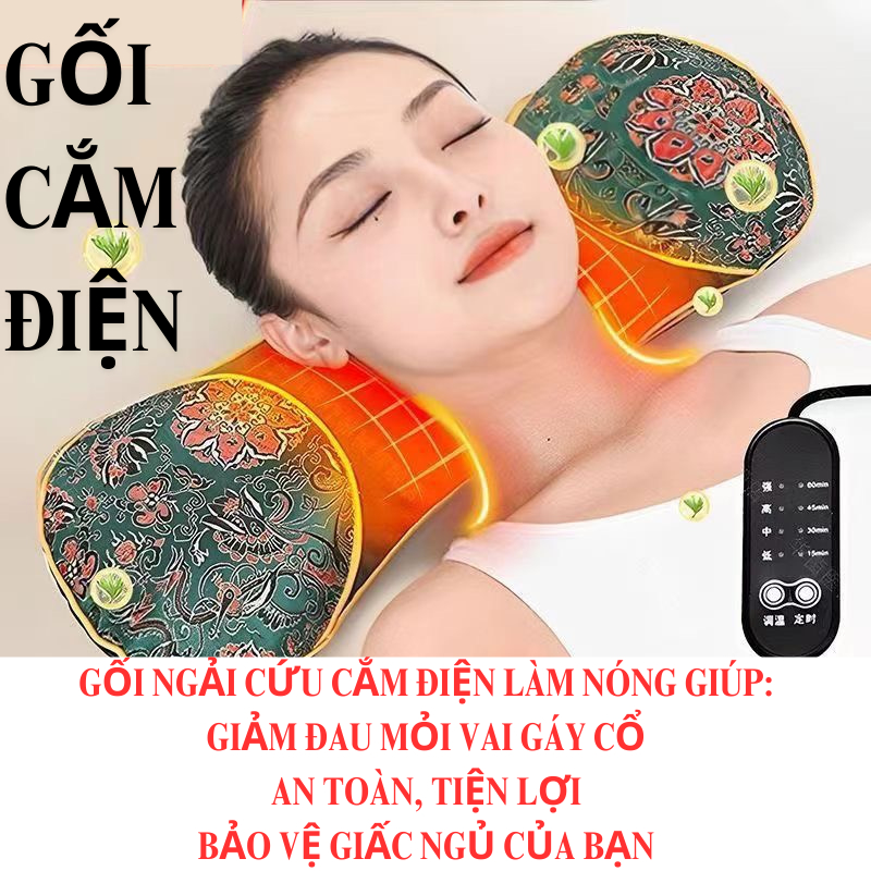 Gối Ngải Cứu Cắm Điện Làm Nóng Cổ Giúp Giảm Đau Vai Gáy Cổ Gối Kê Cổ Thảo Dược Hương Thơm Thảo Mộc