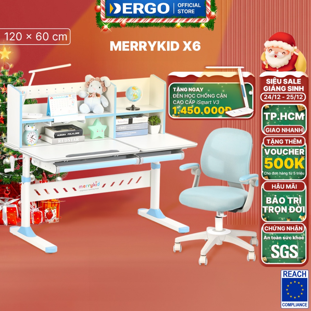 Bộ Bàn Học Cho Bé DERGO Merrykid X6 Chống Gù Chống Cận Cao Cấp Cỡ Lớn (Tặng đèn chống cận đa năng)