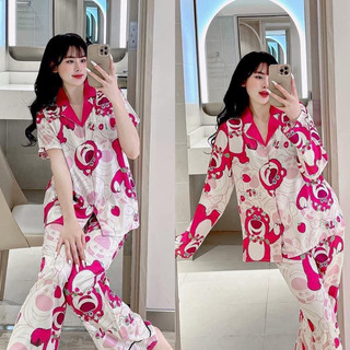 Bộ gấu dâu đỏ hồng lụa xước 2 phom dáng