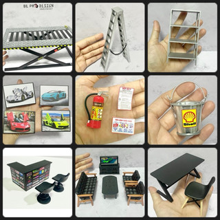 Mô hình nâng,bàn ghế, tủ kệ,figure, phụ kiện garage showroom 1/18