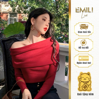 Áo len trễ vai Emili dáng kiểu nữ dài tay dệt kim chơi noel 