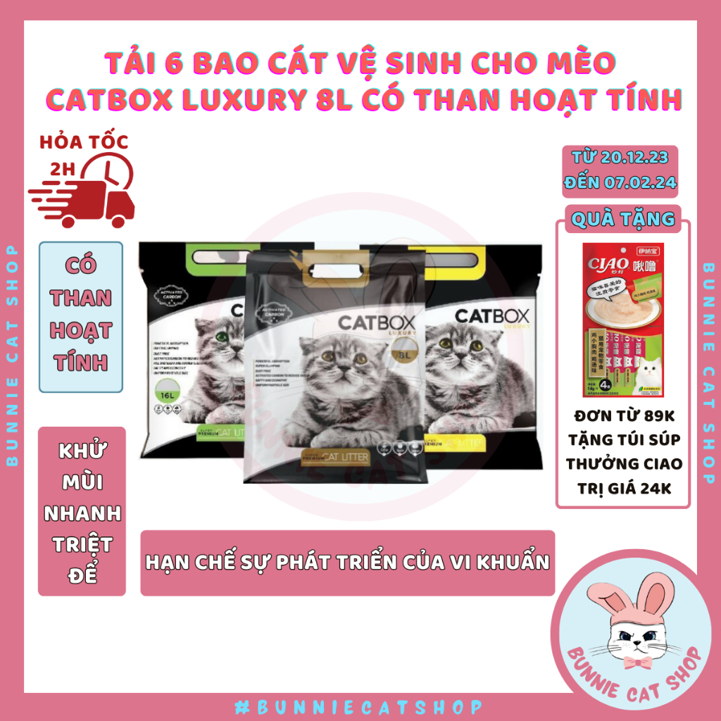 Tải 6 bao Cát vệ sinh cho mèo có than hoạt tính Catbox Luxury 8L