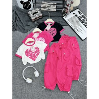(Đồ bé gái 18kg~40kg) Sét Bé Gái áo croptop tay ngắn cổ tròn,vải cotton, quần kaki, túi hộp, cạp chun co giãn thoải mái