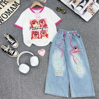  Bộ Áo Thun Cotton Gấu Dâu in nhiệt xinh xắn , Quần Jean vải mềm dày Cho Bé Gái