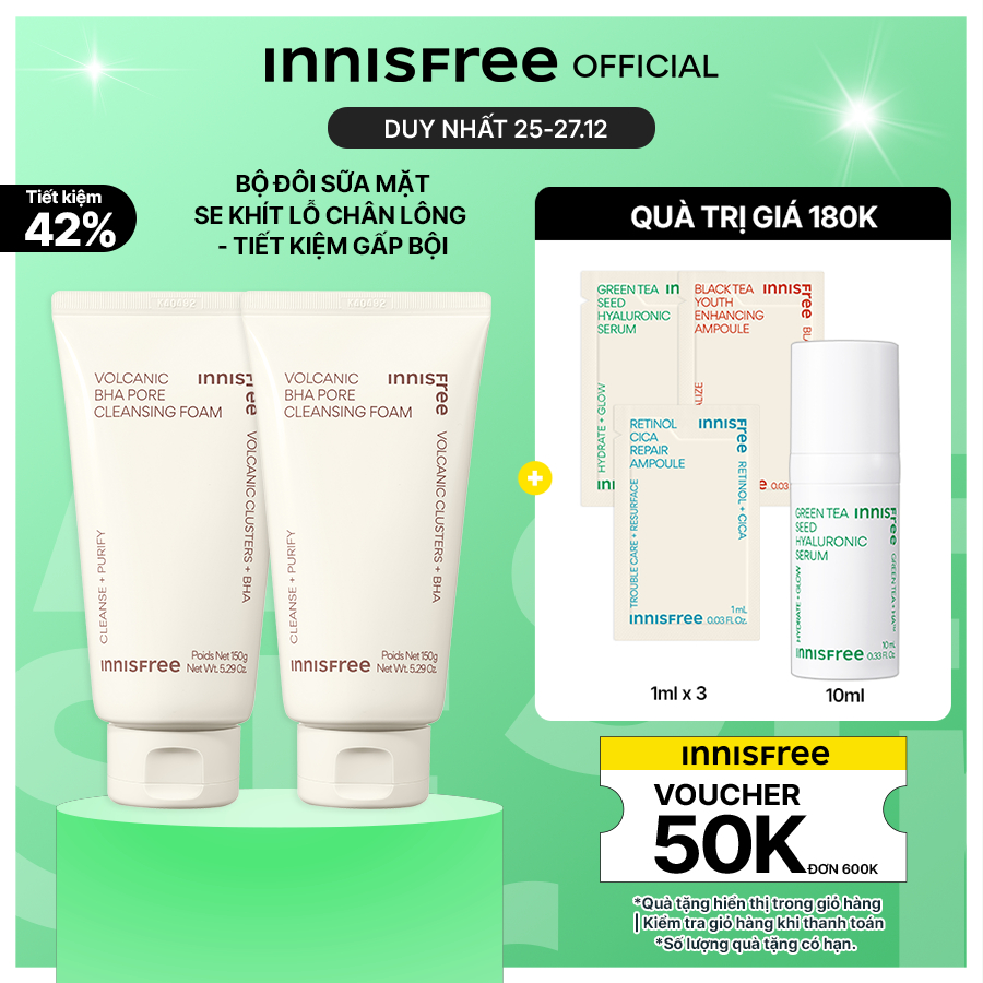 Bộ 2 Sữa rửa mặt se khít lỗ chân lông và giảm dầu nhờn Innisfree Volcanic Pore BHA Cleansing Foam 150g (NEW 2023)