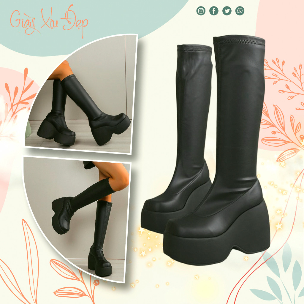 Boot nữ Gothic Đế Bánh Mì 12 cm Phong Cách Y2K Chiều Cao Khủng, Bốt đùi nữ đế sóng mũi tròn phong cách Cá Tính