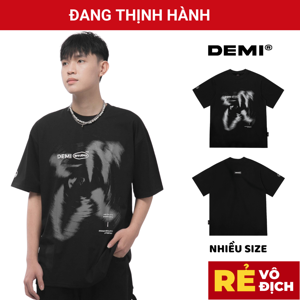 Áo thun local brand form rộng, tay lỡ, hình in blur độc đáo vải thun cotton mịn mát màu đen DEMI | DE-T72