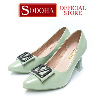 Giày cao gót đế cao 7cm đính khuy gót vuông SODOHA SDH-V359X màu xanh