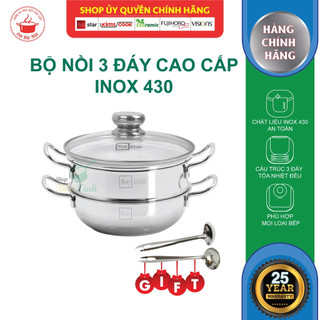 Nồi lẩu xửng hấp fivestar 3 đáy từ nắp kính 20cm | 24cm | 26cm | 28cm , tặng 1 vá canh