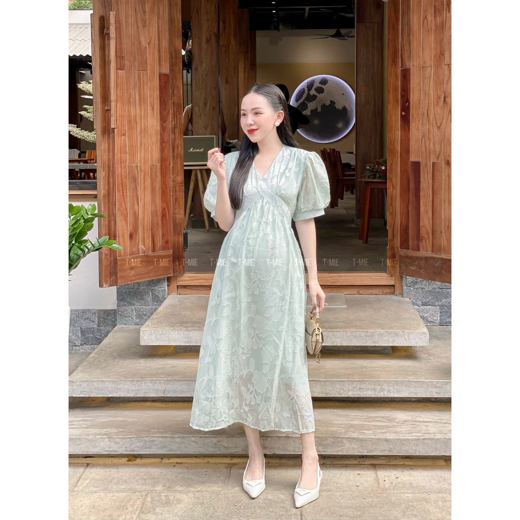 T-Mie | Đầm Bầu Maxi Quảng Châu (Có Sẵn) Cổ V Form Suôn Công Sở Đi Tiệc Đẹp,MD4623