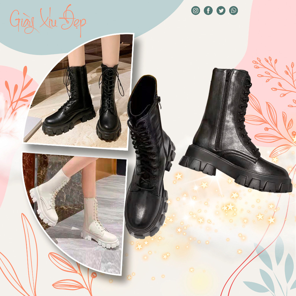 Boot nữ Chiến Binh Cột Dây Bản To Khóa Kéo Hông Chất Da Dày Dặn, Bốt Cao Cổ Nữ Chất Da Mềm Dài 20cm 