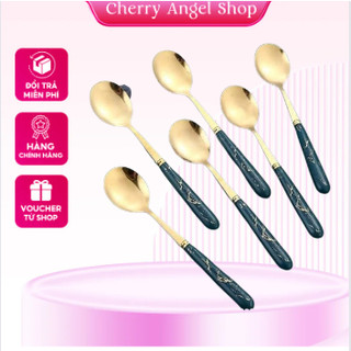 Set 6 chiếc thìa cán sứ mạ vàng cao cấp kèm hộp sang trọng / Có sỉ