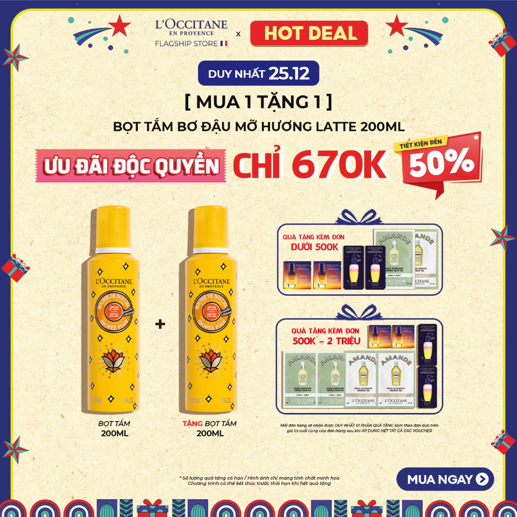 [MUA 1 TẶNG 1] Bọt Tắm Bơ Đậu Mỡ L'Occitane Hương Latte Ngọt Ngào Shea Golden Latte Shower Foam 200ml