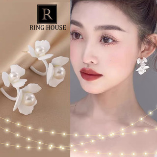 (Chuôi bạc 925) E292 khuyên tai bông tai nữ hoa trắng cô dâu dự tiệc đẹp