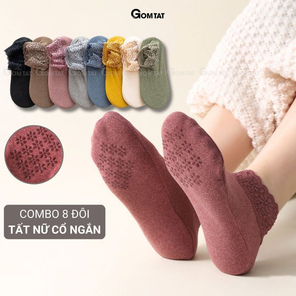 Set 8 đôi tất ren nữ GOMTAT cao cấp, chất liệu cotton mềm mịn hút ẩm thoáng khí, khử mùi, có đệm chống trượt - D16-A065