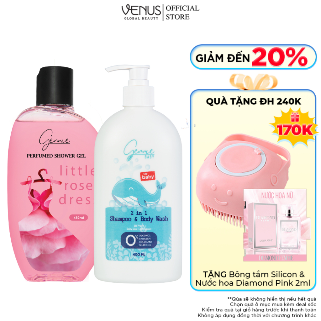 Bộ đôi Mẹ và Bé Sữa tắm Gennie Little Dress + Sữa tắm gội 2IN1 Gennie Baby 450ml - 400ml