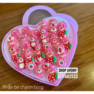 Nhẫn nhựa cho bé icon gấu dâu hồng bóng