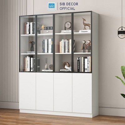 [Chỉ giao lắp tại TP.HCM] Tủ Sách Gỗ Hiện Đại Kèm Cửa Kính Dài 160cm Rộng 40cm Cao 200cm SIB Decor KS604