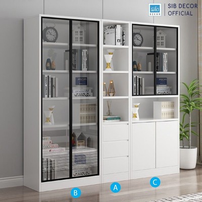Set Tủ Sách Gỗ Nhiều Ngăn Tiện Lợi Phối Cửa Kính Trung Bày Hiện Đại Thương Hiệu SIB Decor KS603