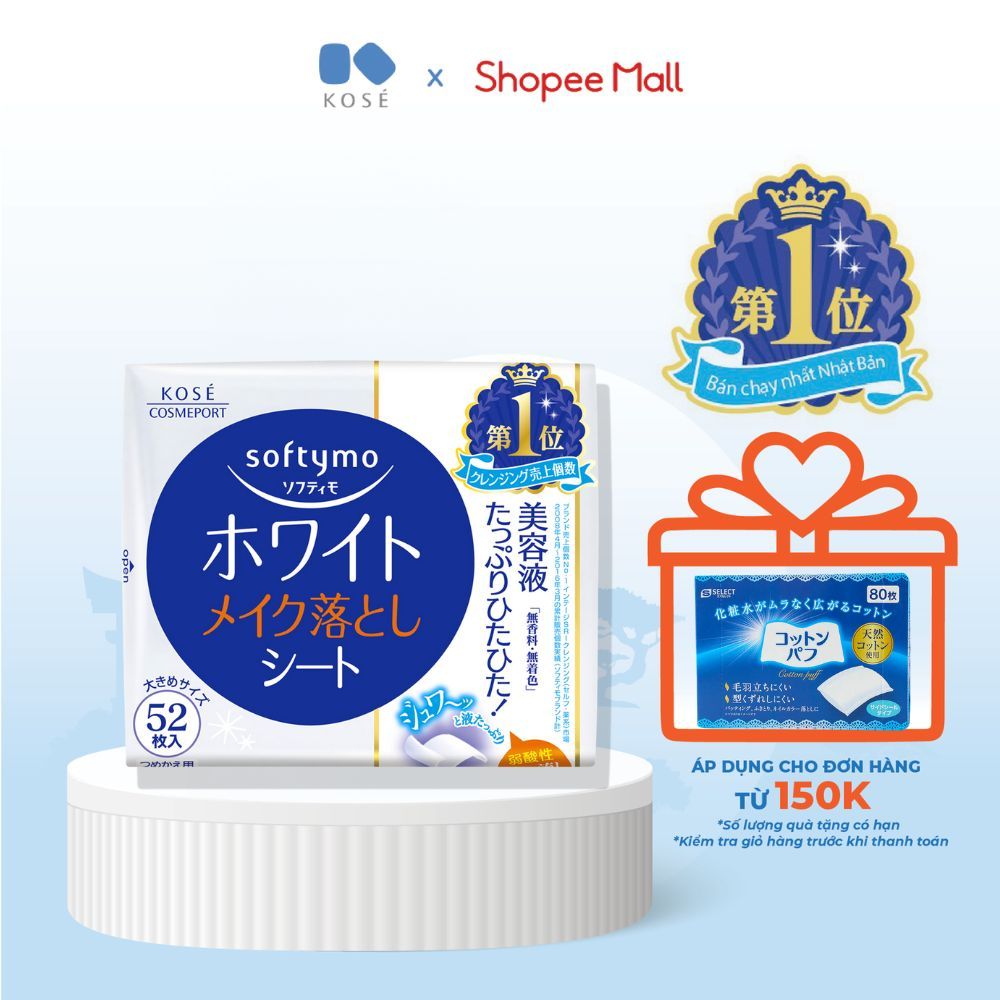 Khăn Ứớt Tẩy Trang Dưỡng Trắng Da Softymo Kose Nhật Bản Gói Refill 52 Miếng