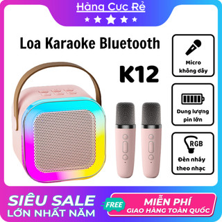 Loa Bluetooth hát karaoke mini K12 kèm 2 micro, âm thanh bass chuẩn, micro có thể thay đổi giọng - Shop Hàng Cực Rẻ