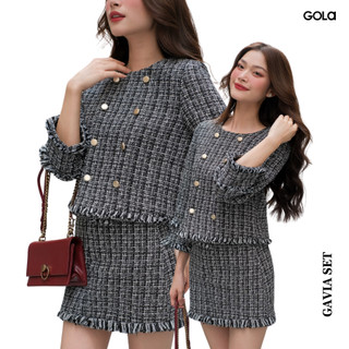 Váy tweed gavia - váy dạ tweed kẻ đen cổ tròn