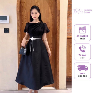 Đầm tafta xước đen phối voan dập li (tặng kèm dây lưng cài hoa trắng) - NANA DRESS by Thepeavn