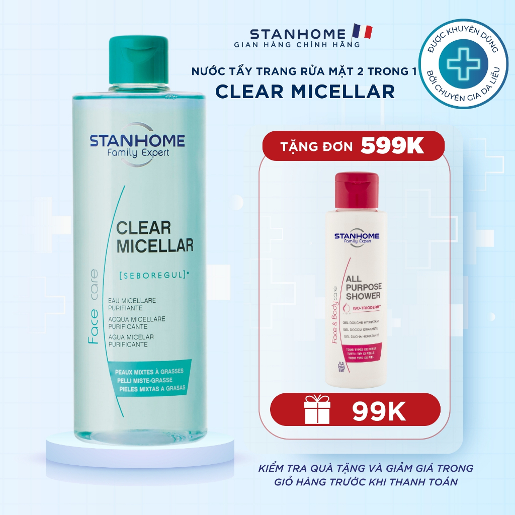 Nước Tẩy Trang Và Rửa Mặt Làm Sạch Sâu 2 trong 1 STANHOME Clear Micellar Bảo Vệ pH Sinh Lý Cho Da 400ML
