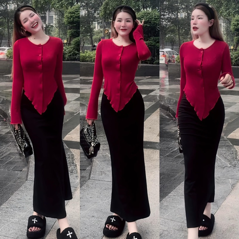Set đồ nữ noel tết màu đỏ áo dày tay vạt nhọn cài cúc kèm chân váy dài đuôi cá tôn dáng sang chảnh G657