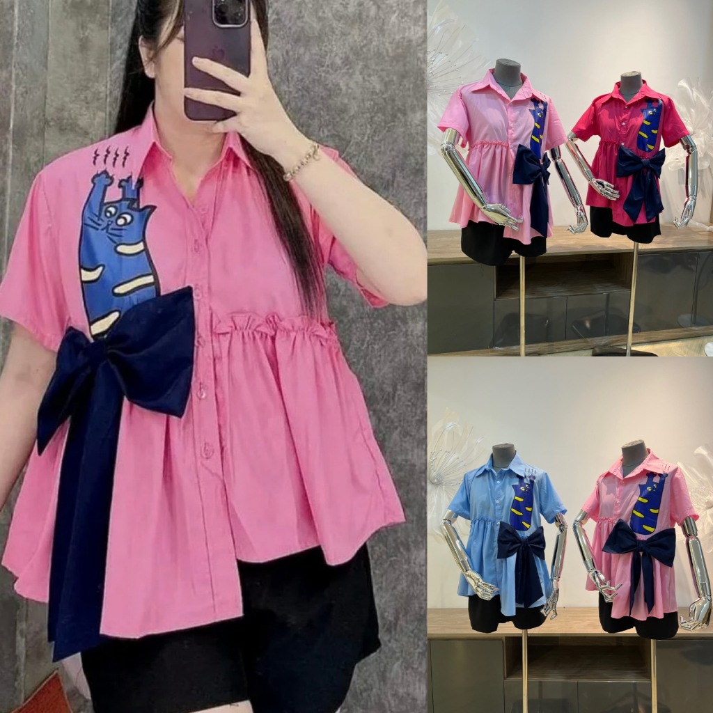 Sét Bộ Áo Babydoll Đi Chơi Dễ Thương Kèm Nơ Bigsize Quỳnh Anh Từ 50kg Đến 100kg (M/L/XL/XXL)(sét bộ) SBAK02