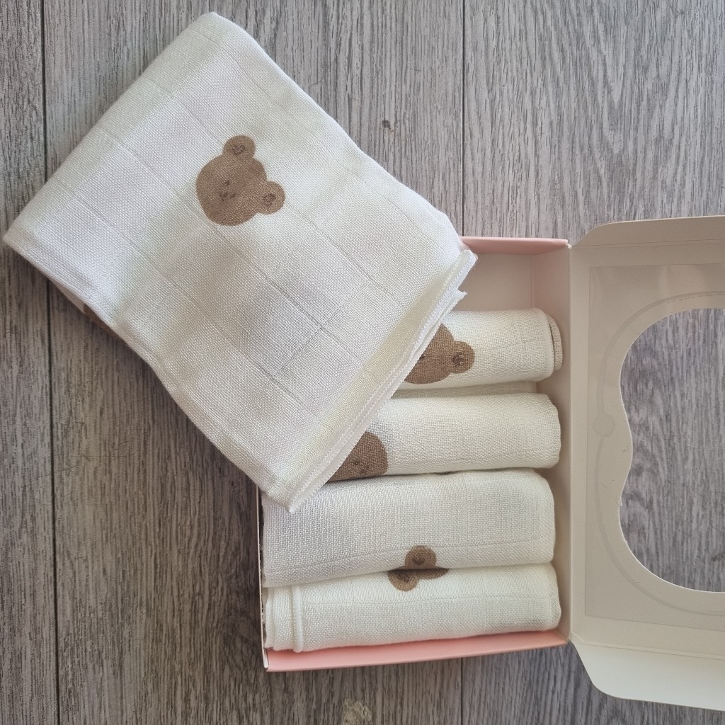 Hộp 5 Khăn Sữa Sợi Tre Gee Kid Cao Cấp In HÌnh Thú Hai Lớp Mềm Mịn Thấm Hút Cho Bé Size 30x30cm