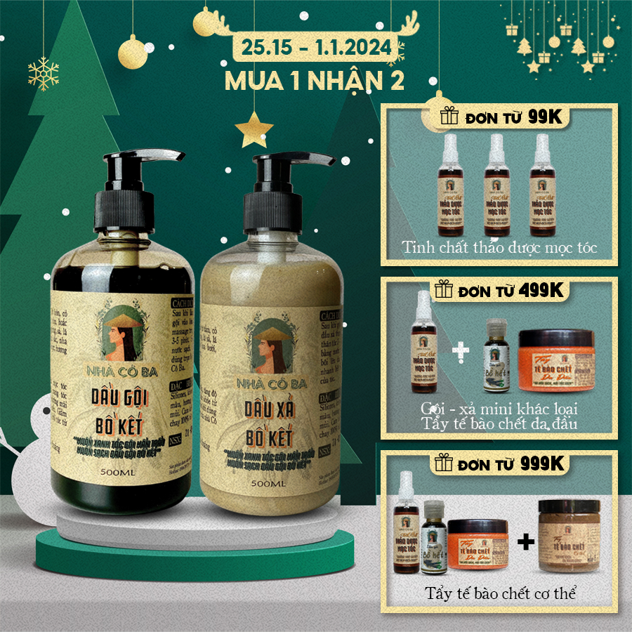 Combo gội xả: Dầu gội bồ kết và dầu xả bồ kết thảo dược Nhà cô ba kích thích mọc tóc, mềm mượt, giảm gãy rụng.