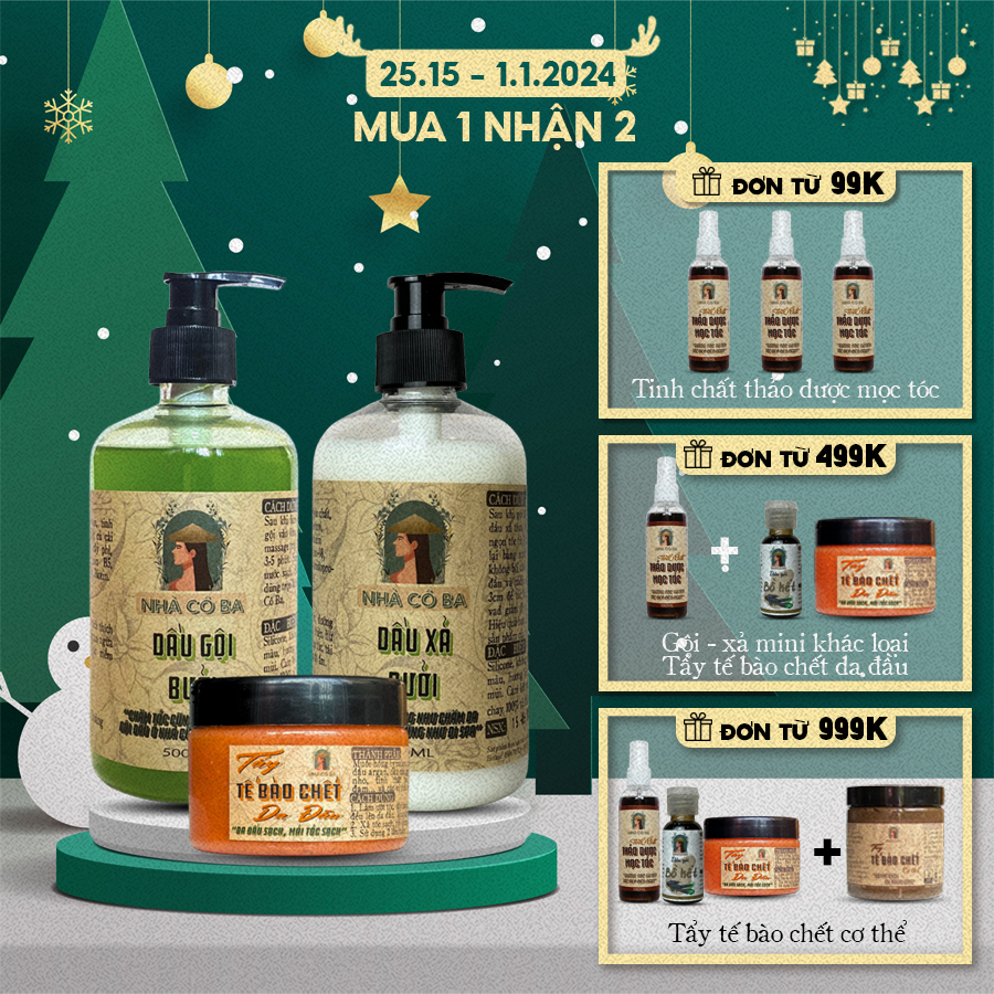 (Combo) Dầu gội bưởi, dầu xả bưởi thảo mộc Nhà cô ba - kích thích mọc tóc, giảm rụng tóc 500ml