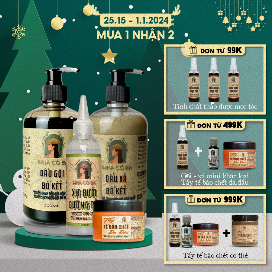 (Combo) Dầu gội bồ kết, dầu xả bồ kết thảo dược Nhà cô ba kích thích mọc tóc, mềm mượt, giảm gãy rụng 500ml