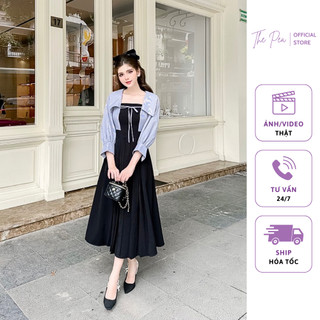 Đầm đen dáng dài xếp li phối cổ vuông sọc đen trắng - SELIA DRESS by Thepeavn